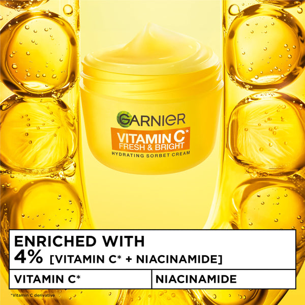 Garnier Vitamin C* Fresh & Bright Hydrating Sorbet Cream, 4% Vitamin C* & Niacinamide, Ultra Fresh & Light, For Dull, Uneven Skin, Cruelty Free International & Vegan - 85ml
