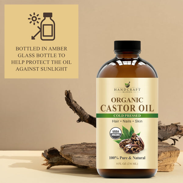 Handcraft Blends Cold-Pressed Organic Castor Oil 236 ml | Glass Bottle | 100% Pure and Natural | Premium Grade Carrier Oil | Hair, Eyelashes and Eyebrows | Hair and Body | Ayurvedic Hair Care