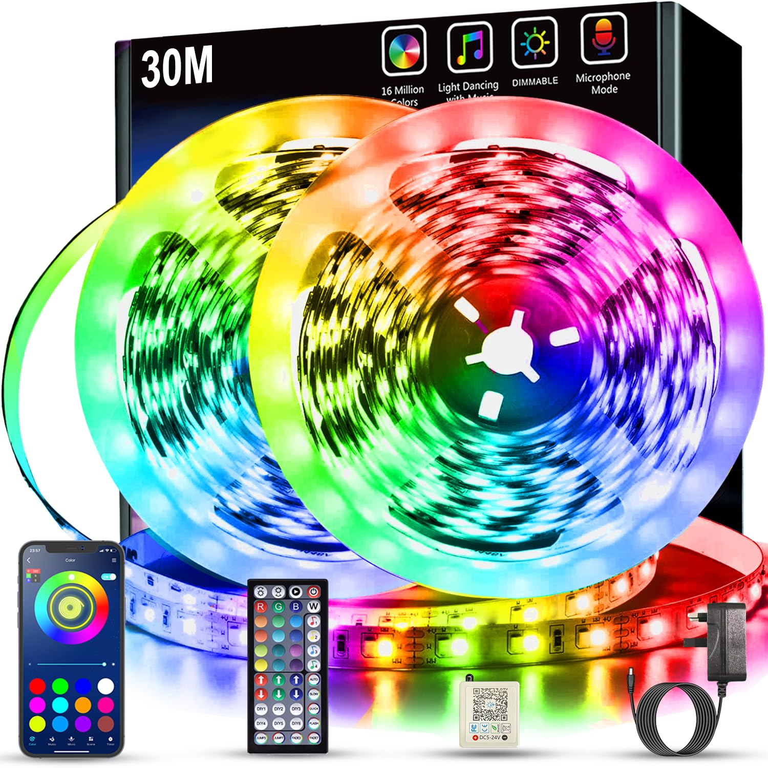 Keepsmile Led Strip Lights 30M (2 Rolls of 15M) Smart App Control Music Sync Color Changing RGB Led Light Strips with Remote Bluetooth Flexible Lights for Bedroom Party Birthday Home Room Decor