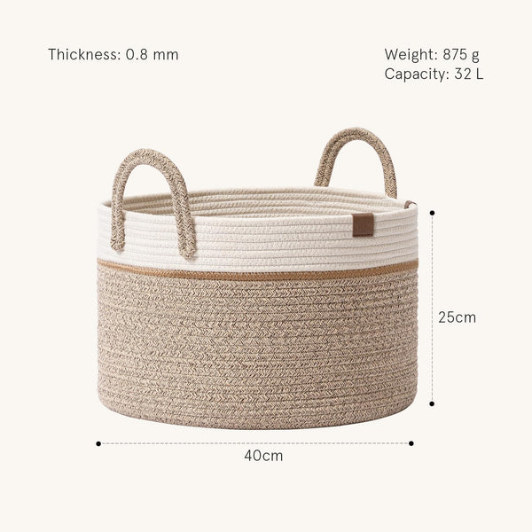 La Jolíe Muse Large Storage Basket - Cotton Rope Laundry Basket with Handle for Diaper Blanket Toy Towel Woven Laundry Basket Home Decor, White & Desert-S