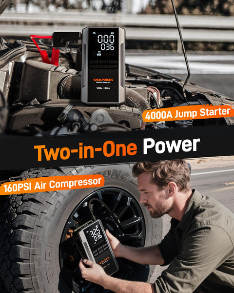 WOLFBOX 4000A Jump Starter Power Pack with 160PSI Air Compressor, 12V Car Battery Booster Jump Starter,65W Fast Charge, 88.8 Wh Portable Tire Inflator(10L Gas 10L Diesel Engines),LED Light,Jump Leads