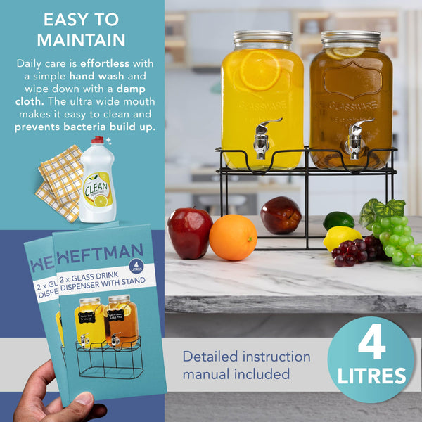 HEFTMAN Glass Drink Dispenser with Tap - 2 x 4 Litre Mason Jar Drink Dispenser with Leakproof Tap & Metal Wire Stand - Drinks Dispenser, Cocktails, Empty Beverage Dispenser