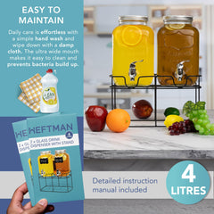 HEFTMAN Glass Drink Dispenser with Tap - 2 x 4 Litre Mason Jar Drink Dispenser with Leakproof Tap & Metal Wire Stand - Drinks Dispenser, Cocktails, Empty Beverage Dispenser