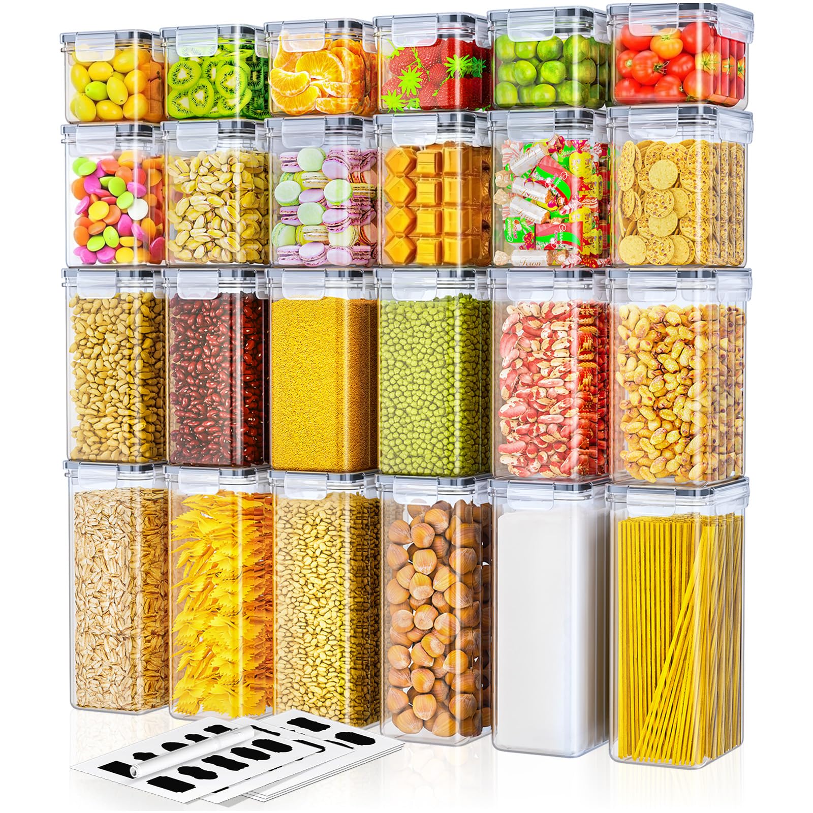 Food Dispensers Storage Jars Set of 24 - Airtight Storage Box with Lid, Kitchen Organiser for Flour, Sugar, Cereal & More, Includes Labels & Markers, for Kitchen & Fridge, 42 L
