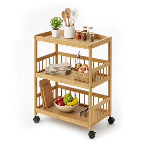 Relaxdays bamboo kitchen trolley, 3 shelves for spices and supplies, HxWxD: 80 x 53 x 30 cm, slim design, natural