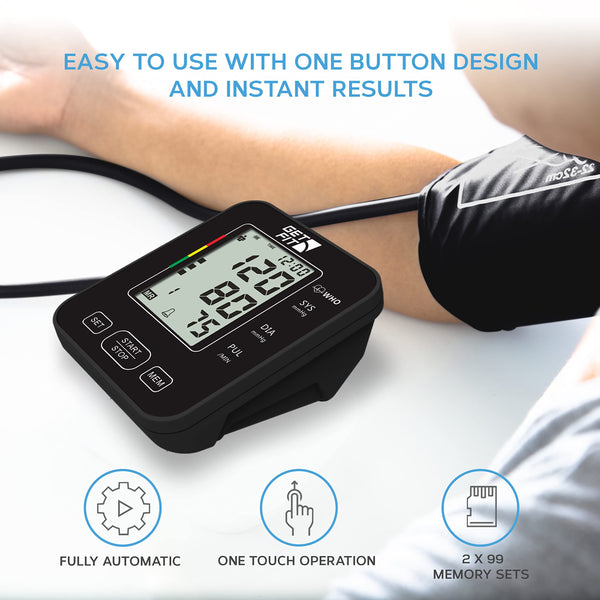 Get Fit Blood Pressure Monitor CE Approved UK for Home Use - Medical Upper Arm Blood Pressure Machine - Heart Rate Monitor - Hypertension Detector - Adjustable 22-42cm Large Adult Cuff - LCD Display