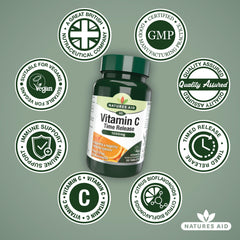 Natures Aid Vitamin C 1000mg Time Release - High Strength with Bioflavonoids - Supports Immunity, Bones & Heart - Antioxidant - Vegan, Gluten-Free, Non-GMO Supplement – 30 Tablets