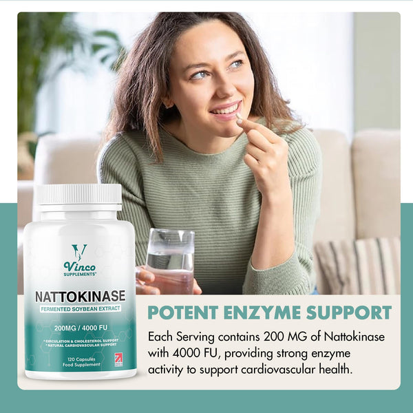 Vinco Nattokinase 200mg 4000FU – 120 Capsules – High Strength Japanese Natto Enzyme – Supports Heart Health, Blood Flow, Circulation and Blood Pressure – Non-GMO, Gluten Free – Made in UK