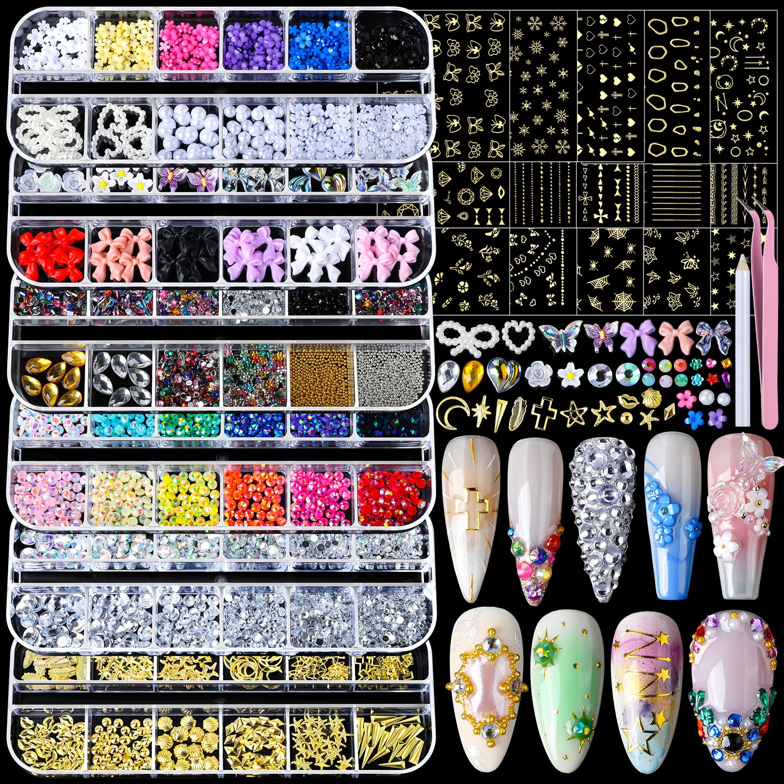 Teenitor Nail Rhinestones Nail Art Tools with 15 Sheets Gold Nail Art Stickers, 6 Boxes of Nail Charms Nail Gems Nail Pearls Nail Jewels