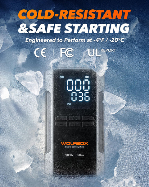 WOLFBOX 4000A Jump Starter Power Pack with 160PSI Air Compressor, 12V Car Battery Booster Jump Starter,65W Fast Charge, 88.8 Wh Portable Tire Inflator(10L Gas 10L Diesel Engines),LED Light,Jump Leads