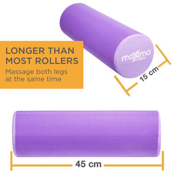 Maximo Fitness Foam Roller - Exercise Rollers for Trigger Point Self Massage and Muscle Tension Relief, 15cm x 45cm Massager for Back, Legs, Workouts, Gym, Pilates and Yoga, Purple