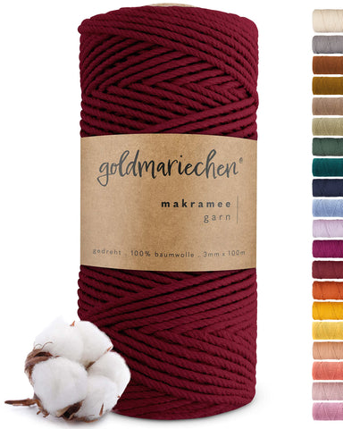 goldmariechen - Premium Makramee Garn (Burgunder) 3mm x 100m - 100% Baumwolle - Makrameegarn Baumwollgarn für DIY-Deko Wandbehang, Blumenampel, Vorhang, Traumfänger, Schlüsselanhänger, Türvorhang