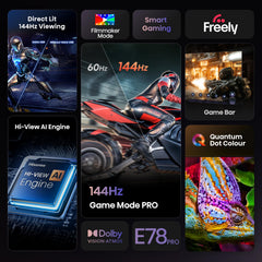 Hisense 43" 43E78QTUK PRO 144Hz QLED Smart AI TV - Hi-View AI Engine, 144Hz Game Mode PRO, Dolby Atmos, Quantum Dot Colour with Freely, Disney +, YouTube, Netflix