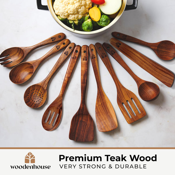 Wooden Spoons Cooking Utensils - Teak Wooden Utensil Set of 12 Pcs with Holder, Spoon Rest & Hanging Hooks, Non-Stick and Heat Resistant Kitchen Accessories by Woodenhouse