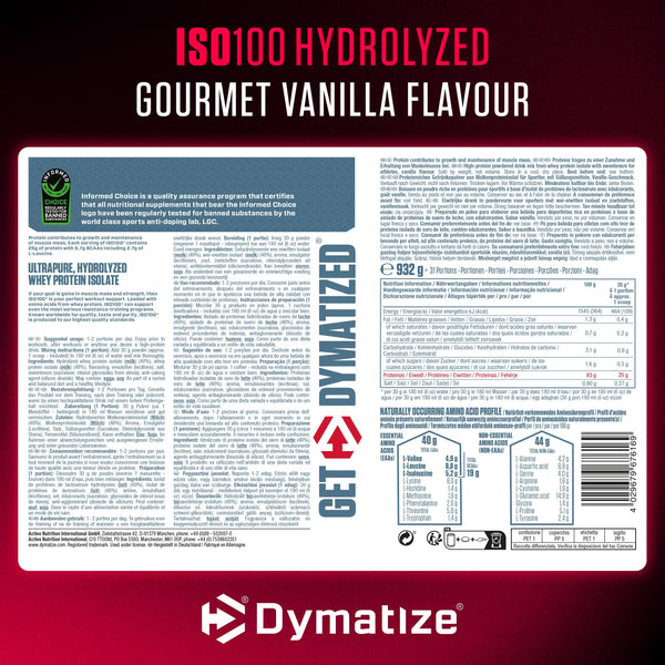 Dymatize ISO 100 Hydrolyzed Gourmet Vanilla 932g - Whey Protein Hydrolysat + Isolat Powder