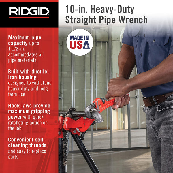 RIDGID 31010 10-inch Heavy-Duty Straight Pipe Wrench, 10-inch Plumbing Wrench,Red