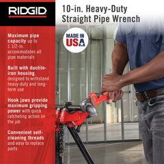 RIDGID 31010 10-inch Heavy-Duty Straight Pipe Wrench, 10-inch Plumbing Wrench,Red