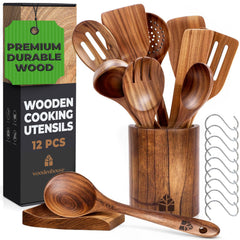 Wooden Spoons Cooking Utensils - Teak Wooden Utensil Set of 12 Pcs with Holder, Spoon Rest & Hanging Hooks, Non-Stick and Heat Resistant Kitchen Accessories by Woodenhouse