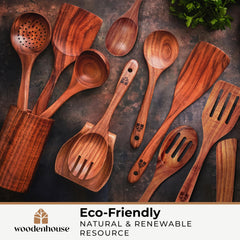 Wooden Spoons Cooking Utensils - Teak Wooden Utensil Set of 12 Pcs with Holder, Spoon Rest & Hanging Hooks, Non-Stick and Heat Resistant Kitchen Accessories by Woodenhouse