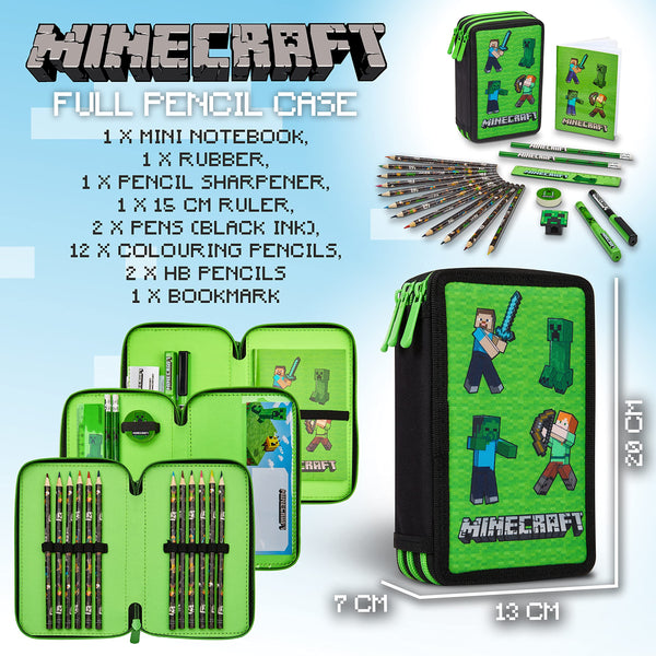 Minecraft Pencil Case for Kids Filled with Stationery - Gamer Gifts (Green Mob)