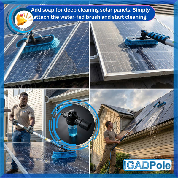 30ft Telescopic Water-Fed Solar Panel and Window Cleaning Pole Kit — Extendable Reach Cleaner with Brush, Soap Dispenser, Cobweb & Feather Duster — Soffit, Fascia, Conservatory