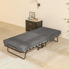 HOMCOM Folding Bed with Mattress, Foldable Guest Bed on Wheels, Portable Single Bed with 10cm Mattress, Side Pockets, Cover, 190 x 80cm, Dark Grey