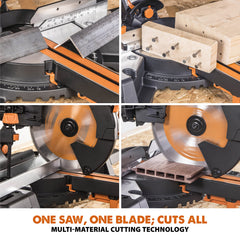 Evolution Power Tools R255SMS-DB+ Double Bevel Sliding Mitre Saw, Multi-Material Cuts Metal, Wood, Plastic & More - with Plus Pack includes Clamps, Dust Bag & Blades, 255mm (230V)