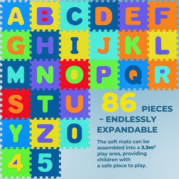 Spielwerk® 86pc Colourful Baby Play Mat | Jigsaw Puzzle Mat | 3.3m² | Letters A-Z | EVA Foam | Tummy Time | Soft Play | Easy to Clean with Water & Baby Wipes