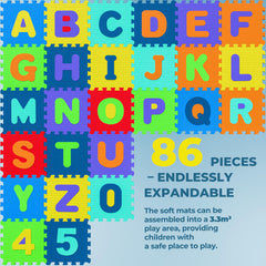 Spielwerk® 86pc Colourful Baby Play Mat | Jigsaw Puzzle Mat | 3.3m² | Letters A-Z | EVA Foam | Tummy Time | Soft Play | Easy to Clean with Water & Baby Wipes