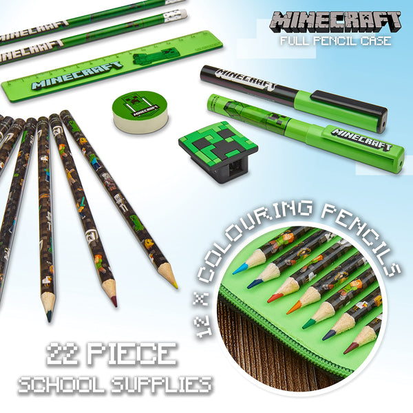 Minecraft Pencil Case for Kids Filled with Stationery - Gamer Gifts (Green Mob)