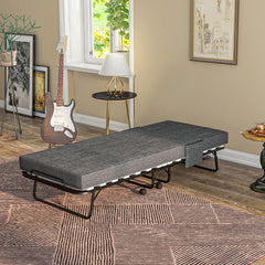 HOMCOM Folding Bed with Mattress, Foldable Guest Bed on Wheels, Portable Single Bed with 10cm Mattress, Side Pockets, Cover, 190 x 80cm, Dark Grey