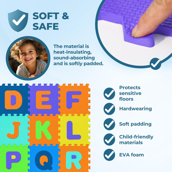 Spielwerk® 86pc Colourful Baby Play Mat | Jigsaw Puzzle Mat | 3.3m² | Letters A-Z | EVA Foam | Tummy Time | Soft Play | Easy to Clean with Water & Baby Wipes