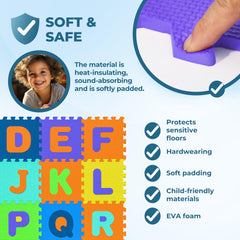 Spielwerk® 86pc Colourful Baby Play Mat | Jigsaw Puzzle Mat | 3.3m² | Letters A-Z | EVA Foam | Tummy Time | Soft Play | Easy to Clean with Water & Baby Wipes