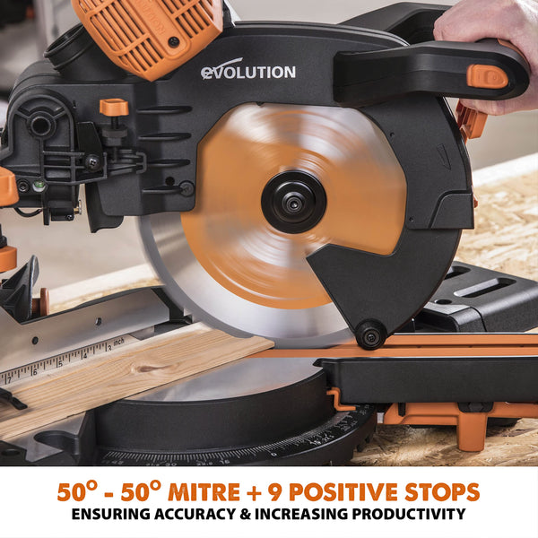 Evolution Power Tools R255SMS-DB+ Double Bevel Sliding Mitre Saw, Multi-Material Cuts Metal, Wood, Plastic & More - with Plus Pack includes Clamps, Dust Bag & Blades, 255mm (230V)