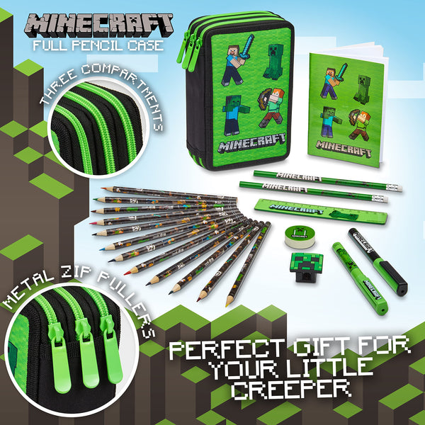 Minecraft Pencil Case for Kids Filled with Stationery - Gamer Gifts (Green Mob)