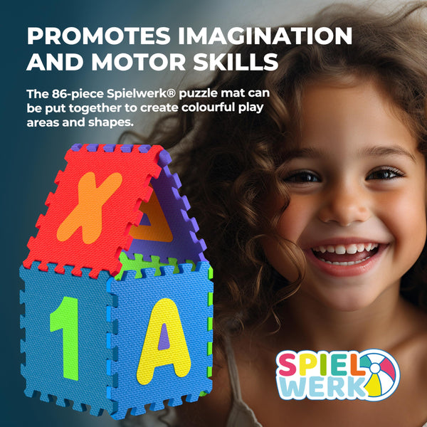 Spielwerk® 86pc Colourful Baby Play Mat | Jigsaw Puzzle Mat | 3.3m² | Letters A-Z | EVA Foam | Tummy Time | Soft Play | Easy to Clean with Water & Baby Wipes