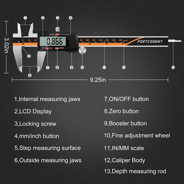 FortCeremy Digital Vernier Caliper, 150mm Electronic Vernier Caliper with Big LCD Screen, Digital Precision Micrometer Measuring Caliper Gauge Tool with Mm/Inch Conversion High Precision