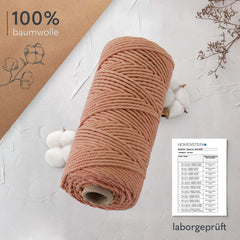 goldmariechen - Premium Makramee Garn (Rosenholz) 3mm x 100m - 100% Baumwolle - Makrameegarn Baumwollgarn für DIY-Deko Wandbehang, Blumenampel, Vorhang, Traumfänger, Schlüsselanhänger, Türvorhang