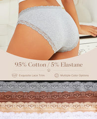 ALL OF SHE Cotton Underwear Women 5 Pack Ladies Knickers Multipack Soft Breathable Lace Trim Panties Comfortable Everyday Briefs-M