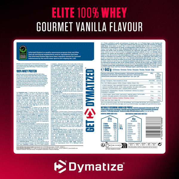 Dymatize Elite 100% Whey Gourmet Vanilla 942g - High Protein Low Sugar Powder + Whey Protein and BCAAs