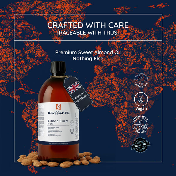 Naissance Sweet Almond Oil (no. 215) 1 Litre – for Skin, Hair, Massage, Nails, Cuticles, Ears, Face, Body, Stretch Marks - Natural Skin Care, Carrier Oil for Aromatherapy