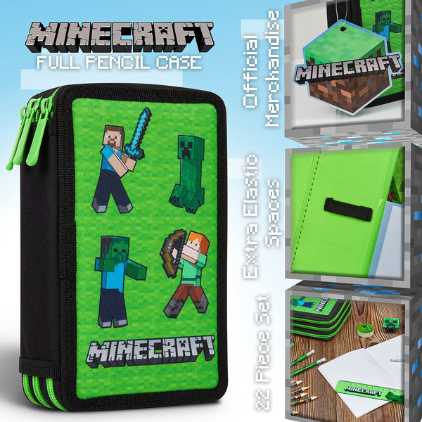 Minecraft Pencil Case for Kids Filled with Stationery - Gamer Gifts (Green Mob)