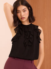 Love & Roses Black Sleeveless Ruffle Detail Blouse