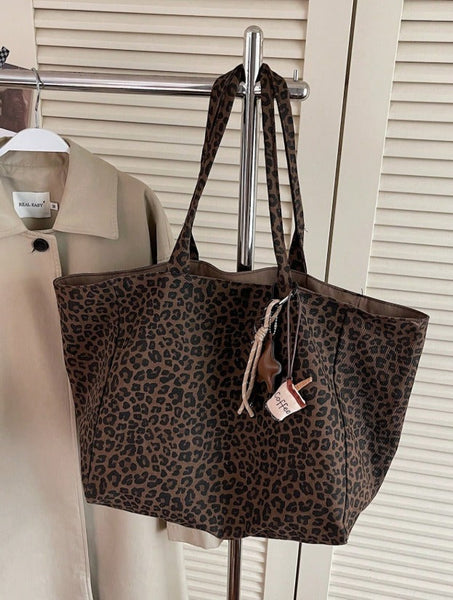Large Capacity Inner Lining Tote Bag,  Brown Color. The Exterior Features A Coffee Cup Hook And A Leopard Print Pattern