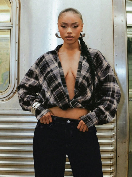 Denimoi Oversized Boxy Fit Plunge Neck Twist Front Collared Plaid Shirt Sexy Tops Fashion Streetwear