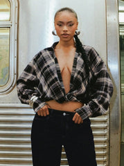 Denimoi Oversized Boxy Fit Plunge Neck Twist Front Collared Plaid Shirt Sexy Tops Fashion Streetwear