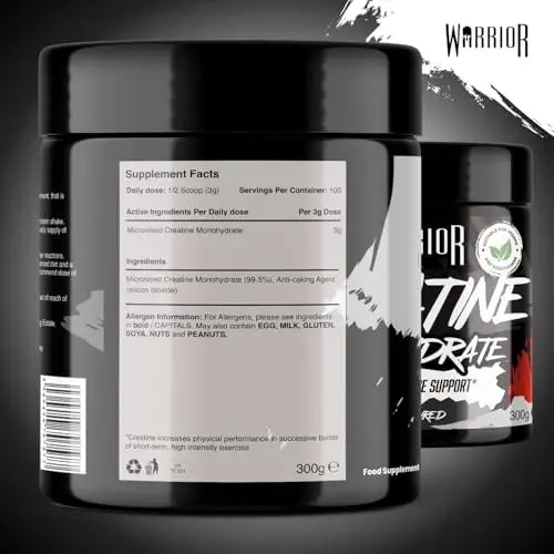 Warrior Creatine Monohydrate Powder 300g (100 Servings) – Pure Micronised Creatine Powder Supplement for Men & Women, Pre & Post Workout Strength, Muscle Growth & Recovery, Vegan – Unflavoured