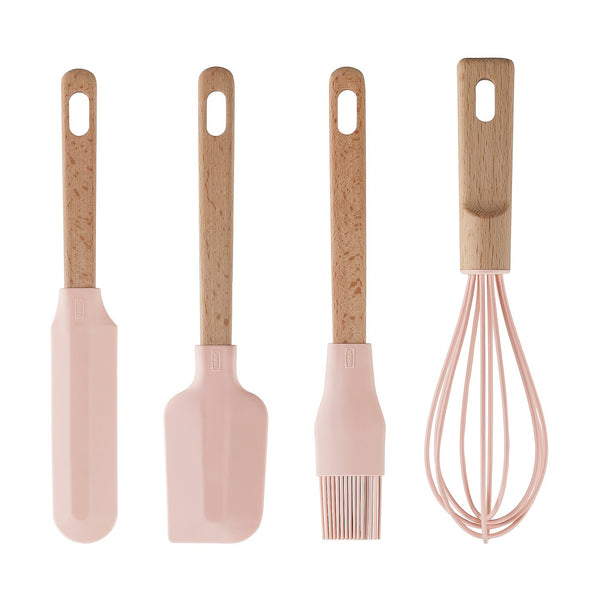 BAKTIDER, 4-piece kitchen utensil set, wood/pale pink