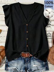 Women's Ruffle Sleeve V-Neck Button Blouse