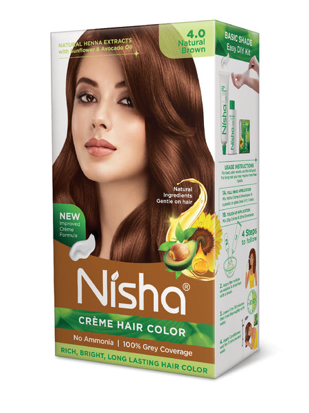 Nisha Creme Hair Color for Women - Natural Brown, 60g+60ml, Long-lasting, 100% Grey Coverage Permanent Hair Colour for Soft, Shiny, Healthy Hair 120 GM